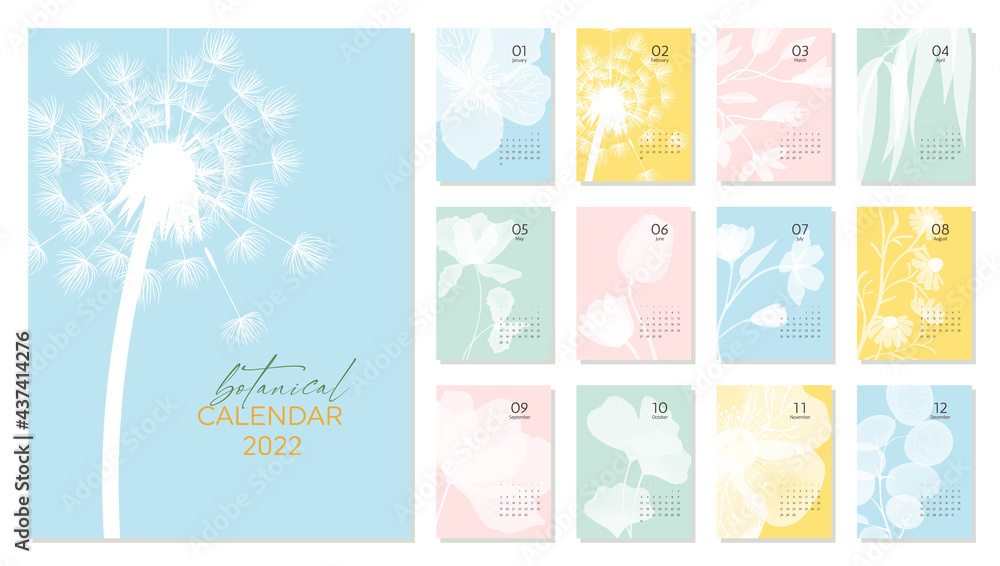 2022 botanical calendar template. Calendar with white silhouette of flowers on pastel backgrounds. Set for 2022 with 12 pages for each month. Vector illustration 2022 botanical calendar template. Calendar with white silhouette of flowers on pastel backgrounds. Set for 2022 with 12 pages for each month. Vector illustration