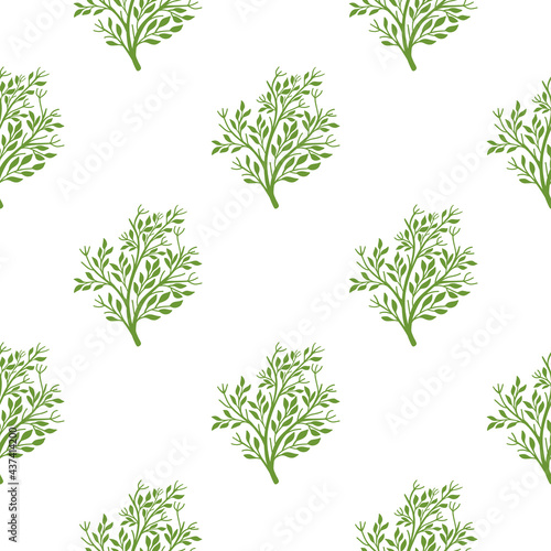 Isolated seamless pattern with green tree silhouettes ornament. White background. Floral shapes.