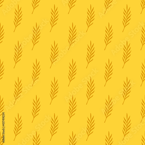 Botanic seamless pattern with doodle orange leaves branches shapes. Yellow bright background.