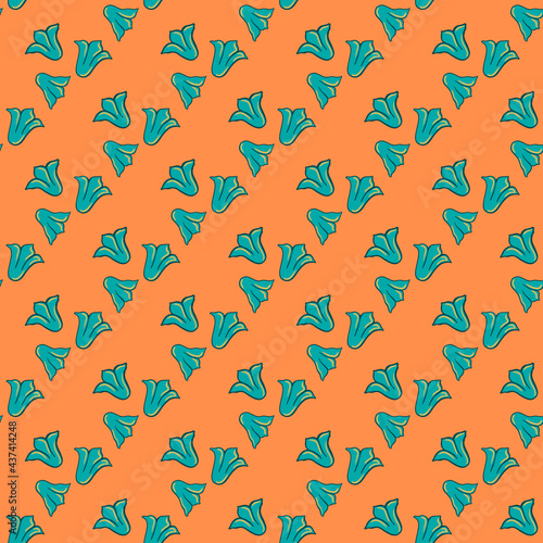Bright contrast blue bellflower ornament seamless nature wild pattern. Orange background. Botanic print.