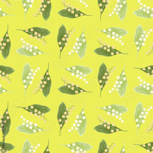 Green random vintage lily of the valley silhouettes seamless pattern in floral style. Yellow background.