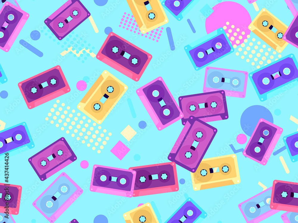 Seamless pattern with audio cassettes with geometric shapes in the style of the 80s. Music cassettes for music tape recorders. Vector illustration