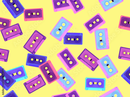 Cassette tapes seamless pattern. Music cassettes for music tape recorders of the 70s - 90s. Design for promotional items  banners and wrapping paper. Vector illustration