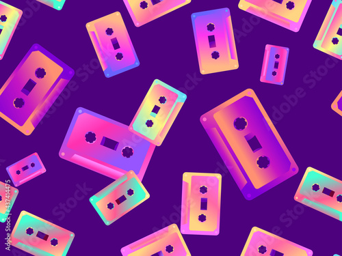 Cassette tapes seamless pattern. Gradient music cassettes for music tape recorders of the 70s - 90s. Design for promotional items, banners and wrapping paper. Vector illustration