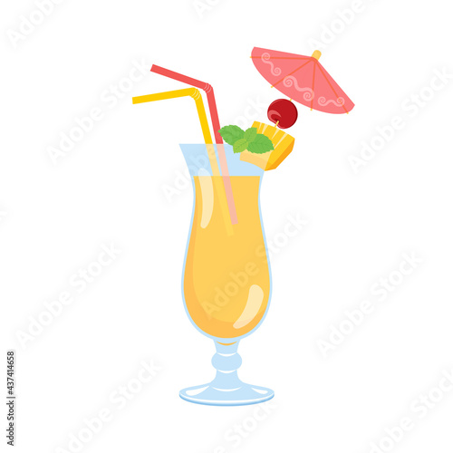 Refreshing decorated cocktail vector. Tropical Pina Colada cocktail with drink umbrella, cherry, pineapple, mint and straws vector. Fancy fresh summer drink vector icon isolated on a white background