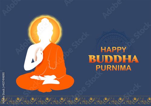 Lord Buddha in meditation for Buddhist festival with text in Hindi meaning Happy Buddha Purnima Vesak
