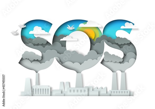 SOS, stop air pollution typography banner template. Vector illustration in paper art style. Save environment, ecology.