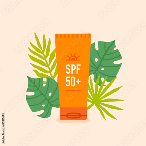 Tube of sunscreen lotion in tropical leaves. 