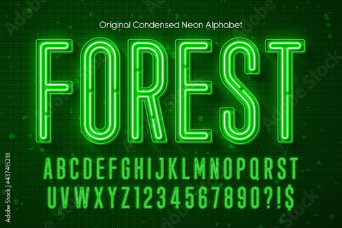 Neon light 3d alphabet, extra glowing modern type.