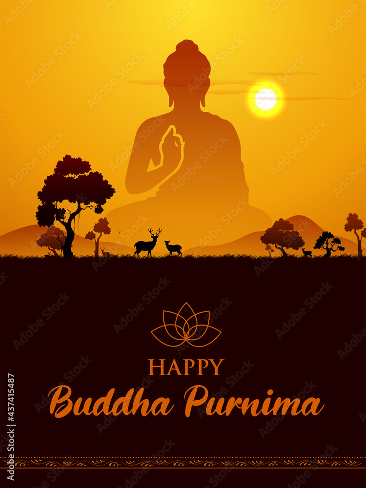 Lord Buddha in meditation for Buddhist festival with text in Hindi meaning Happy Buddha Purnima Vesak