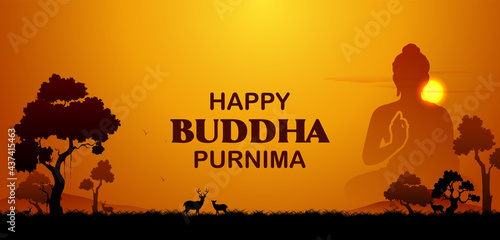 Lord Buddha in meditation for Buddhist festival with text in Hindi meaning Happy Buddha Purnima Vesak