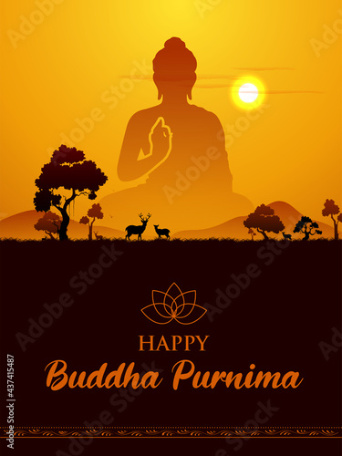 Lord Buddha in meditation for Buddhist festival with text in Hindi meaning Happy Buddha Purnima Vesak