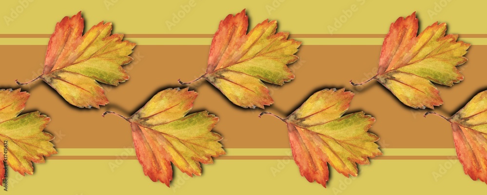 Fototapeta premium Seamless pattern, border, Yellow autumn leaves on orange striped background