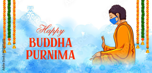 Lord Buddha in meditation wearing mask showing prevention and protection against Corona virus pandemic due to Covid 19 for Buddhist festival of Happy Buddha Purnima Vesak