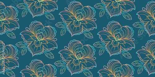 Seamless close-up pattern  decorative peony flowers with leaves on a blue background