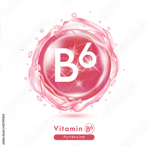 Vitamin B6, Pink shining pill capsule. Vitamin complex with Chemical formula.  Meds for health ads. Beauty treatment nutrition skin care design. Vector illustration.