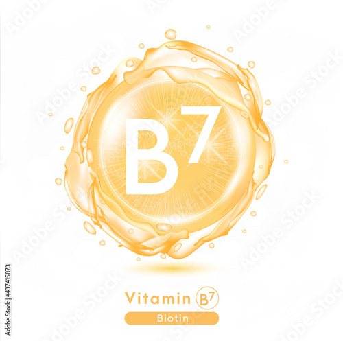 Vitamin B7, Orange shining pill capsule. Vitamin complex with Chemical formula.  Meds for health ads. Beauty treatment nutrition skin care design. Vector illustration.