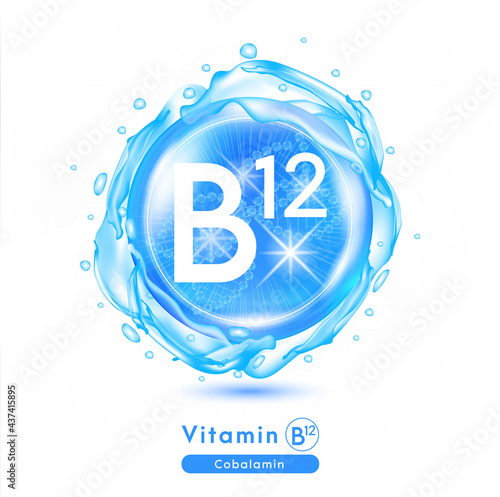 Vitamin B12 icon. Shining blue essence droplet. Vitamin complex with Chemical formula. Beauty treatment nutrition skin care design. Vector illustration
