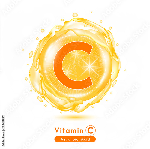 Vitamin C, Orange shining pill capsule. Vitamin complex with Chemical formula.  Meds for health ads. Beauty treatment nutrition skin care design. Vector illustration.