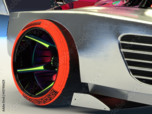 Automotive Background. Wheel with a Red Luminous Side Wall of a Silver Futuristic Car Close-Up. 3D Rendering. photo