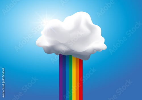 Concept de la rêverie et du bonheur avec un arc-en-ciel qui sort d’un nuage blanc.