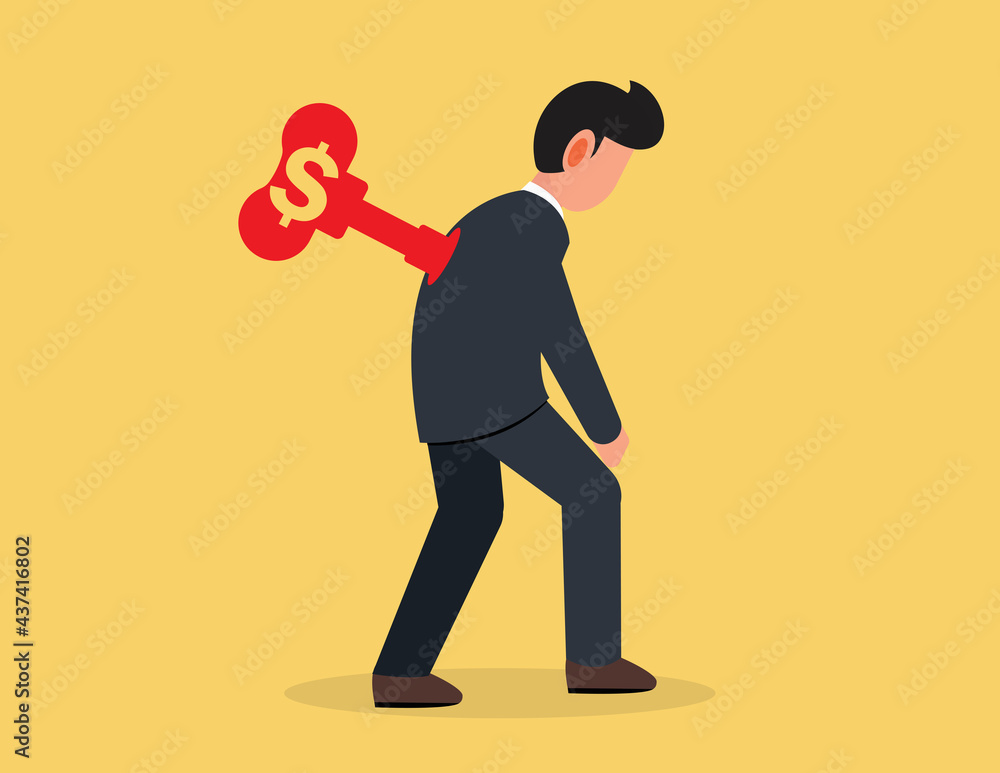 Exhaustion businessman with wind-up key in his back. Overwork and burnout metaphor Exhaustion businessman with wind-up key in his back. Overwork and burnout metaphor