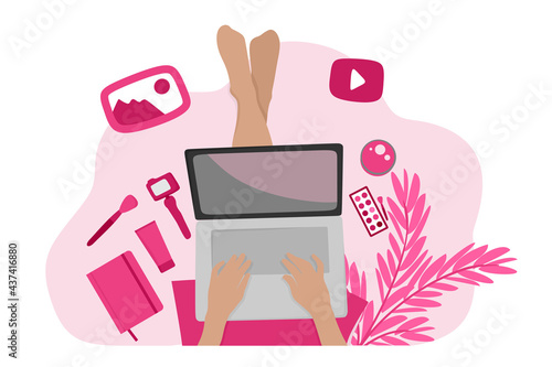 A beauty blogger girl makes a makeup tutorial video while sitting on the floor. Vector illustration in a flat style for use in web design, social networks, websites, blogs.