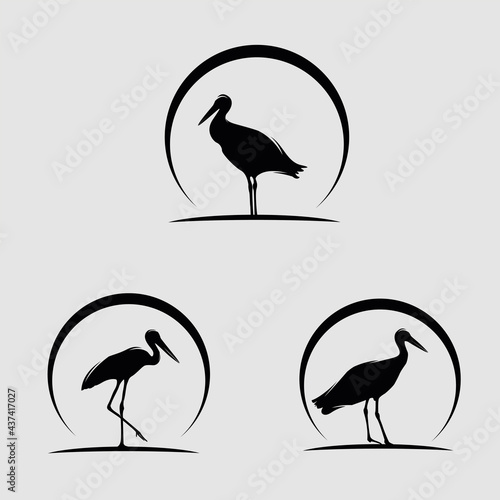 Vintage Retro Sunset Sunrise with Stork Heron Egret Ibis Flamingo Logo Design Vector