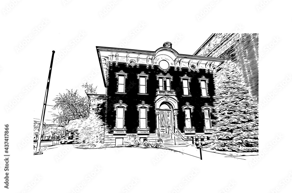 Building view with landmark of Fort Wayne is a city in northeastern Indiana. Hand drawn sketch illustration in vector.