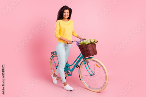 Full length body size view of pretty cheerful girl walking bike spring free time isolated over pastel pink color background © deagreez