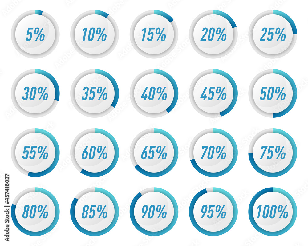 Collection of blue circle percentage diagrams for infographics