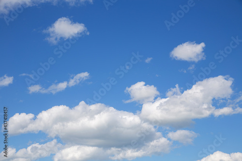 blue sky with white clouds of various shapes, sunny day, texture