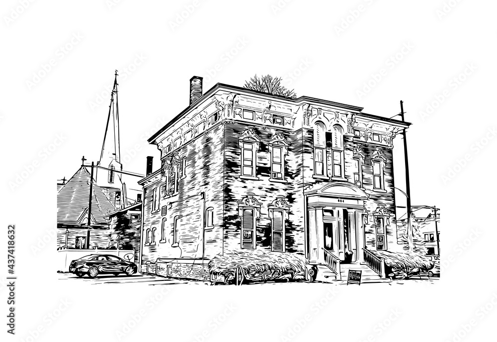 Building view with landmark of Fort Wayne is a city in northeastern Indiana. Hand drawn sketch illustration in vector.