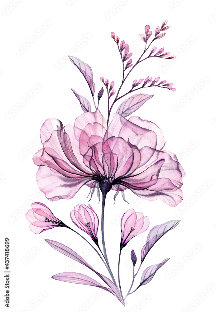 Watercolor rose bouquet. Vertical floral border. Big pink rose with crocus flowers. Hand painted botanical art. Isolated abstract illustration in pastel grey, violet, purple