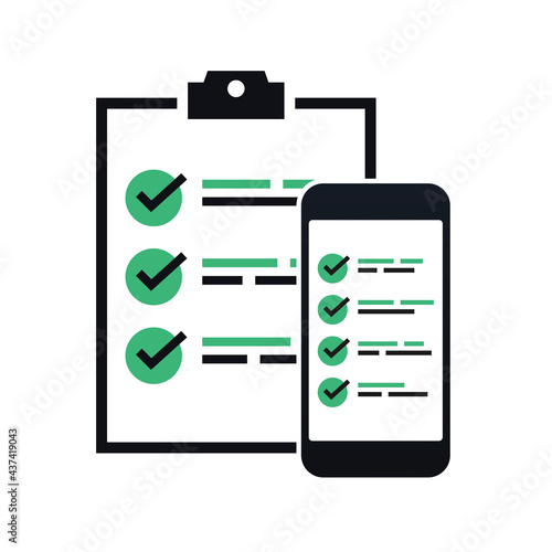 Clipboard checklist or document with checkmark. Checklist on the mobile screen. Check list with checkboxes and checkmark. Reminder, survey, questionnaire, or report. Illustration vector