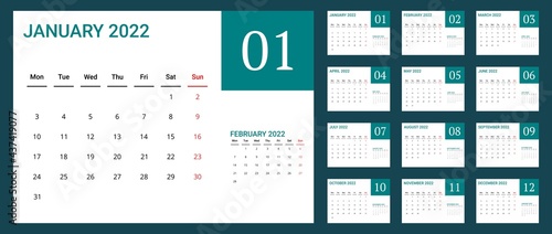2022 calendar with simple design. vector of calender 2022.corporate desk calendar ready to print. week start on monday. sunday as weekend. good for daily log, business, timetable, planner, etc.