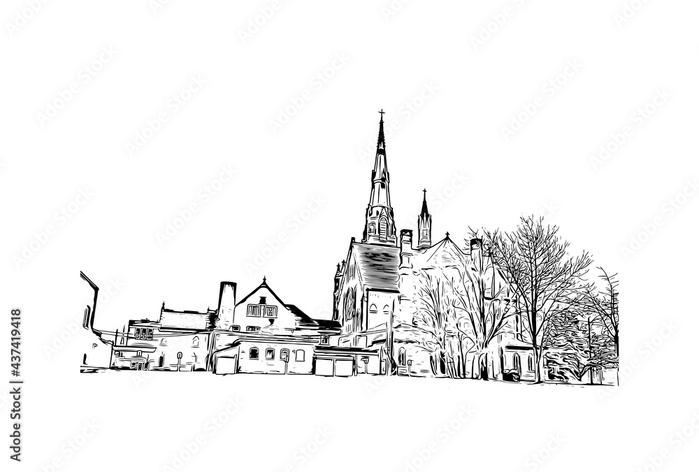 Building view with landmark of Fort Wayne is a city in northeastern Indiana. Hand drawn sketch illustration in vector.