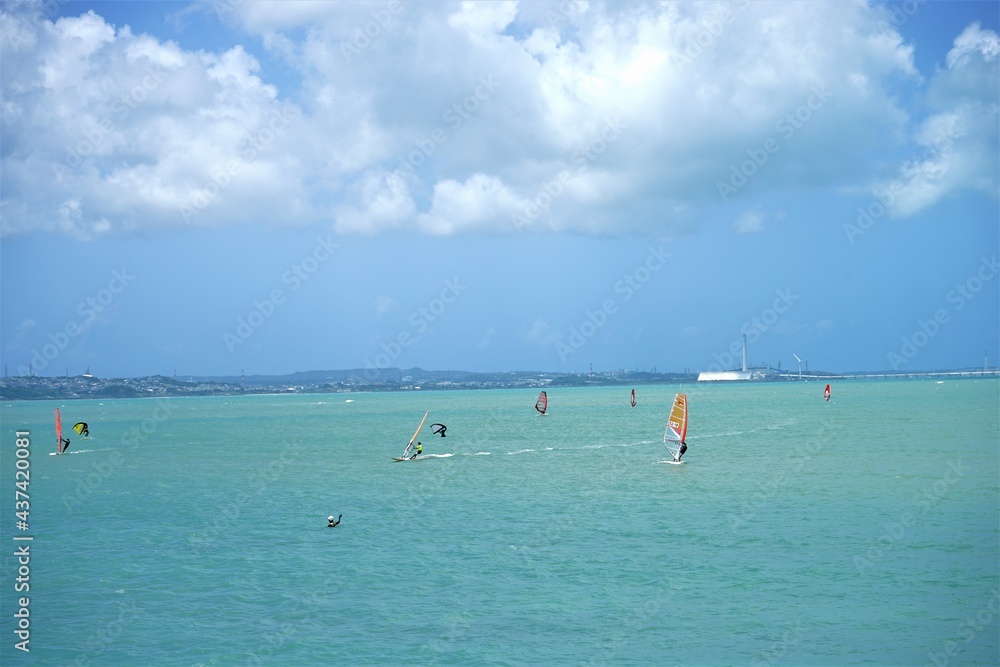 Windsurfing on blue ocean in Okinawa, Japan - ウィンドサーフィン 沖縄 日本