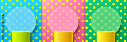 Set of yellow, green cylinder pedestal podium, Trendy color polka dot pattern background with circle glass morphism backdrop. Vector rendering 3d shape, product display presentation. Abstract scene.