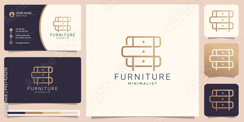 creative Minimalist symbol logo furniture with business card design. Logo design style, line, abstract, interior, shape monogram, Furnishing design template illustration. Premium Vector