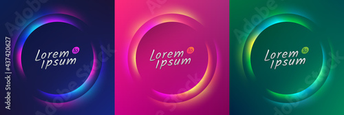 Set of blue, red-purple, green frame design. Abstract 3D cosmic vibrant color circle backdrop. Collection of glowing neon color on geometric background with copy space. Top view. futuristic style