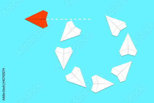 Free Download Leadership or personal development concept. Red paper plane standing out and flying away. Also symbolizing courage to take different route, standing out, innovation, creativity, invention. - GFXLoad