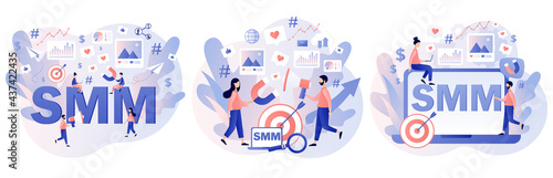 SMM concept. Digital marketing, online advertising. Tiny people work social media managers. SMM course or school. Modern flat cartoon style. Vector illustration on white background
