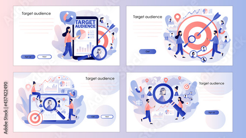 Target audience, customers outreach, digital targeting marketing, business goal, sales generation. Screen template for landing page, template, ui, web, mobile app, poster, banner, flyer. Vector