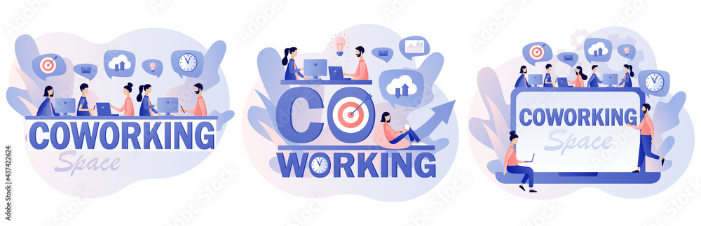 Co-working space. Tiny people working on laptops, computers, smartphones on shared modern office workplace. Business meeting. Shared working environment. Modern flat cartoon style. Vector illustration - obrazy, fototapety, plakaty 