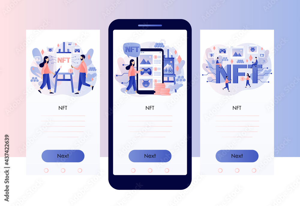 NTF. Non-fungible token. Tiny people investing in Crypto art, game, video. Online gallery nft art. Blockchain technology. Screen template for mobile, smartphone app. Modern flat cartoon style. Vector NTF. Non-fungible token. Tiny people investing in Crypto art, game, video. Online gallery nft art. Blockchain technology. Screen template for mobile, smartphone app. Modern flat cartoon style. Vector