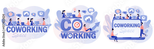 Co-working space. Tiny people working on laptops, computers, smartphones on shared modern office workplace. Business meeting. Shared working environment. Modern flat cartoon style. Vector illustration