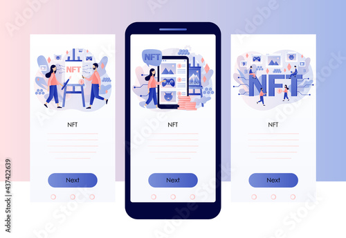 NTF. Non-fungible token. Tiny people investing in Crypto art, game, video. Online gallery nft art. Blockchain technology. Screen template for mobile, smartphone app. Modern flat cartoon style. Vector