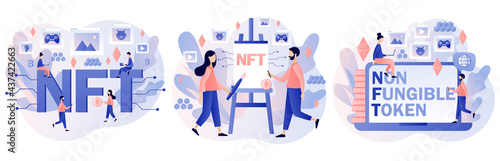 NTF. Non-fungible token. Tiny people investing in Crypto art, game, video. Online gallery nft art. Internet marketplace and blockchain technology. Modern flat cartoon style. Vector illustration