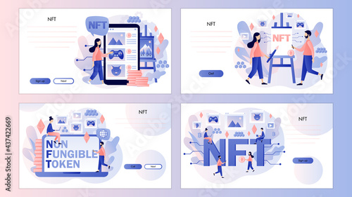 NTF. Non-fungible token. Investing in Crypto art, game, video. Online gallery nft art. Screen template for landing page, template, ui, web, mobile app, poster, banner, flyer. Vector illustration